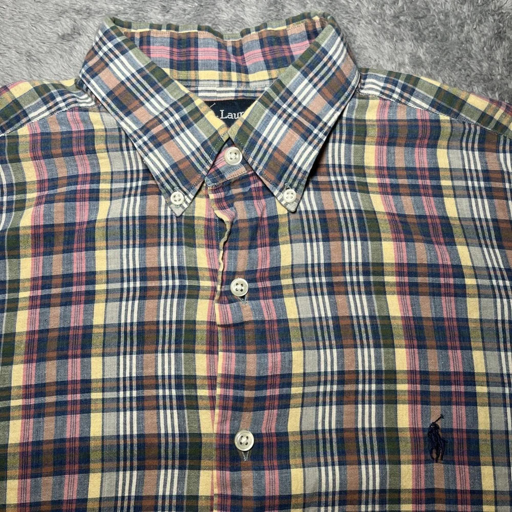 VTG Ralph Lauren Mcmeel Short Sleeve Plaid Polo Button Down Shirt Navy Pony SZ L